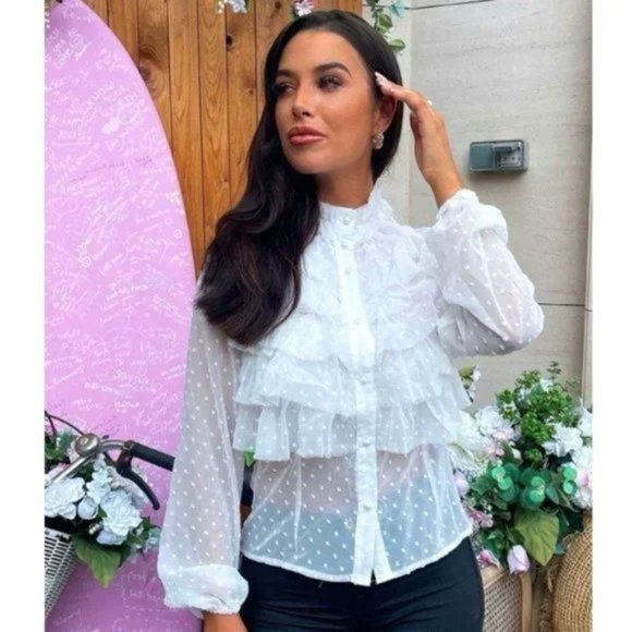 White Polka Dot Long Sleeve High Neck Ruffle Blouse Top - Picture 4 of 15